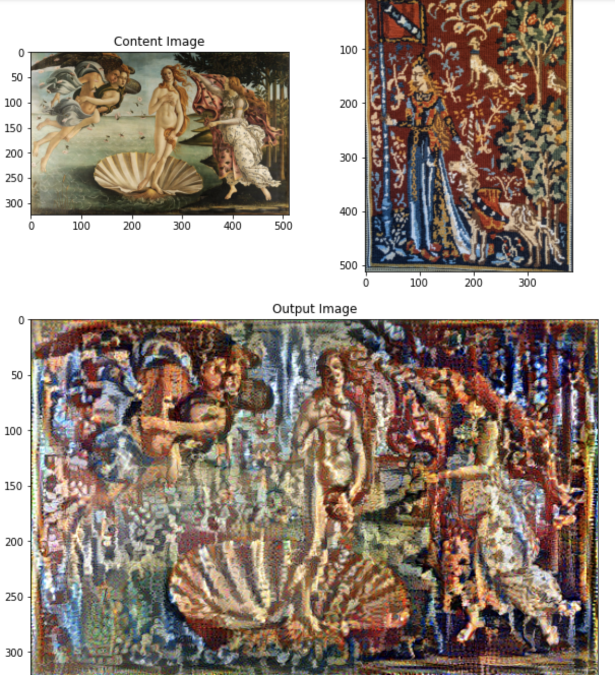 The Birth of Venus, but with a more tapestry-like look. Somewhat splotchy and blurry, lots of blues